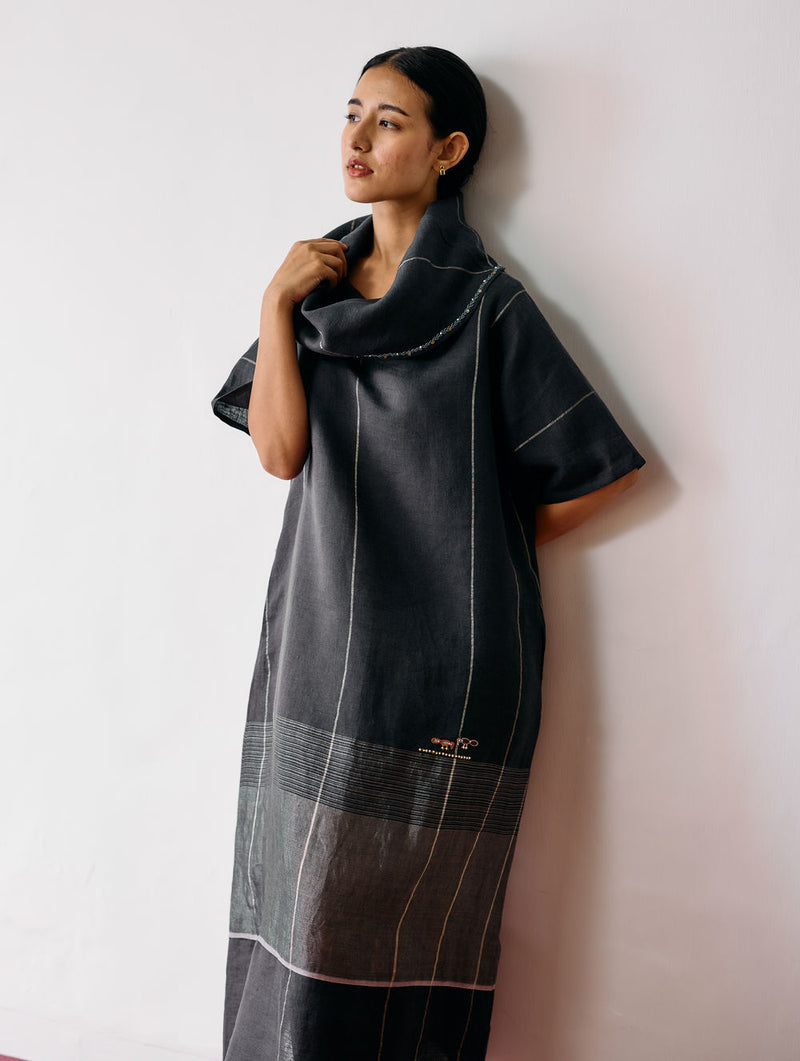 Zaran Cowl Neck Metallic Dress-Charcoal linen dress by Manan in black for women Worldwide