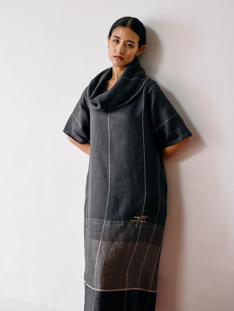 Zaran Cowl Neck Metallic Dress-Charcoal linen dress by Manan in black for women Worldwide