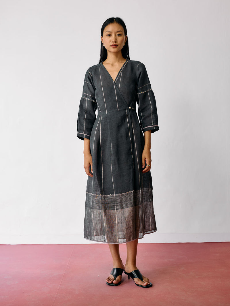 Raya Metallic Linen Wrap dress-Charcoal linen dress by Manan in black for women Worldwide
