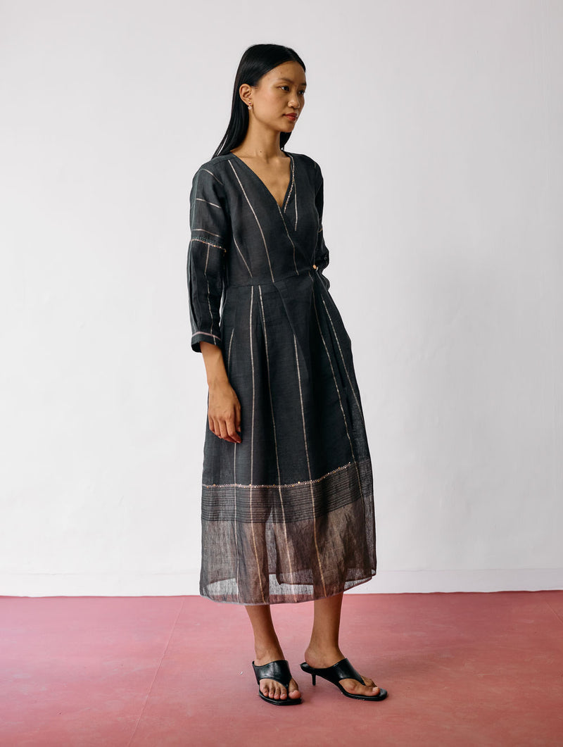 Raya Metallic Linen Wrap dress-Charcoal linen dress by Manan in black for women Worldwide