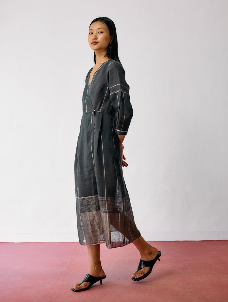 Raya Metallic Linen Wrap dress-Charcoal linen dress by Manan in black for women Worldwide