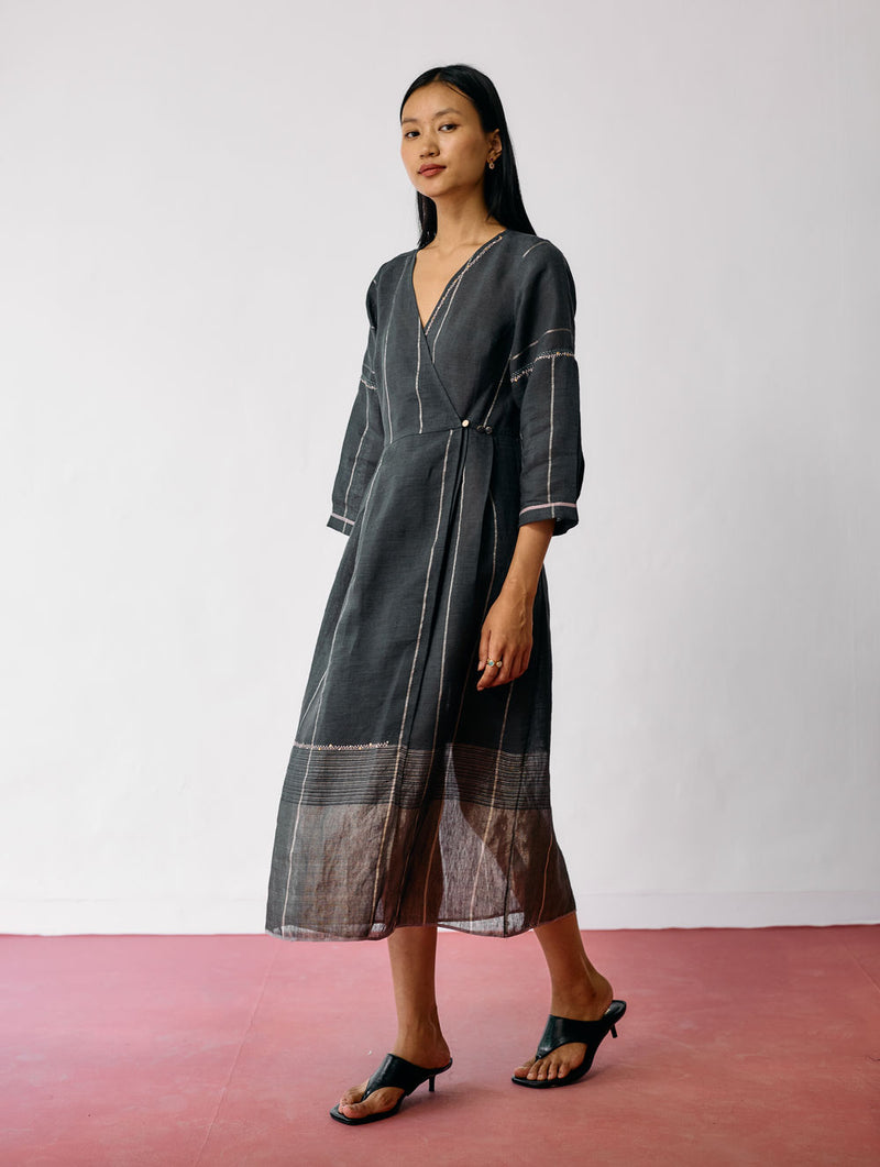 Raya Metallic Linen Wrap dress-Charcoal linen dress by Manan in black for women Worldwide