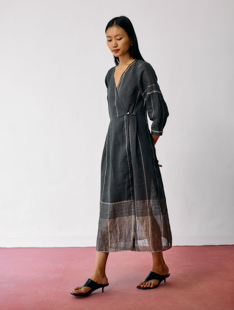 Raya Metallic Linen Wrap dress-Charcoal linen dress by Manan in black for women Worldwide