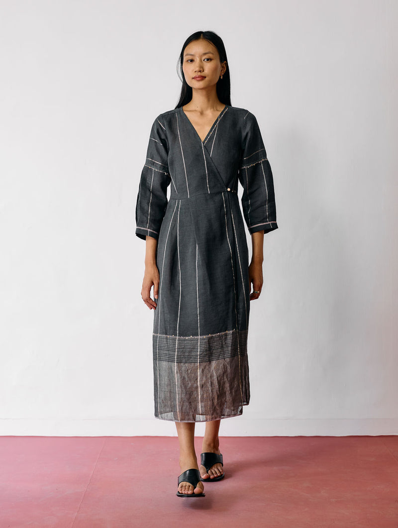 Raya Metallic Linen Wrap dress-Charcoal linen dress by Manan in black for women Worldwide