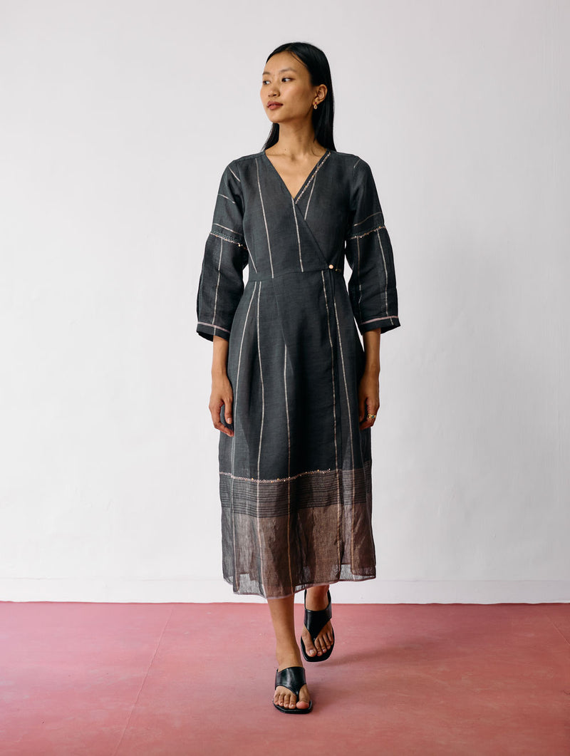 Raya Metallic Linen Wrap dress-Charcoal linen dress by Manan in black for women Worldwide
