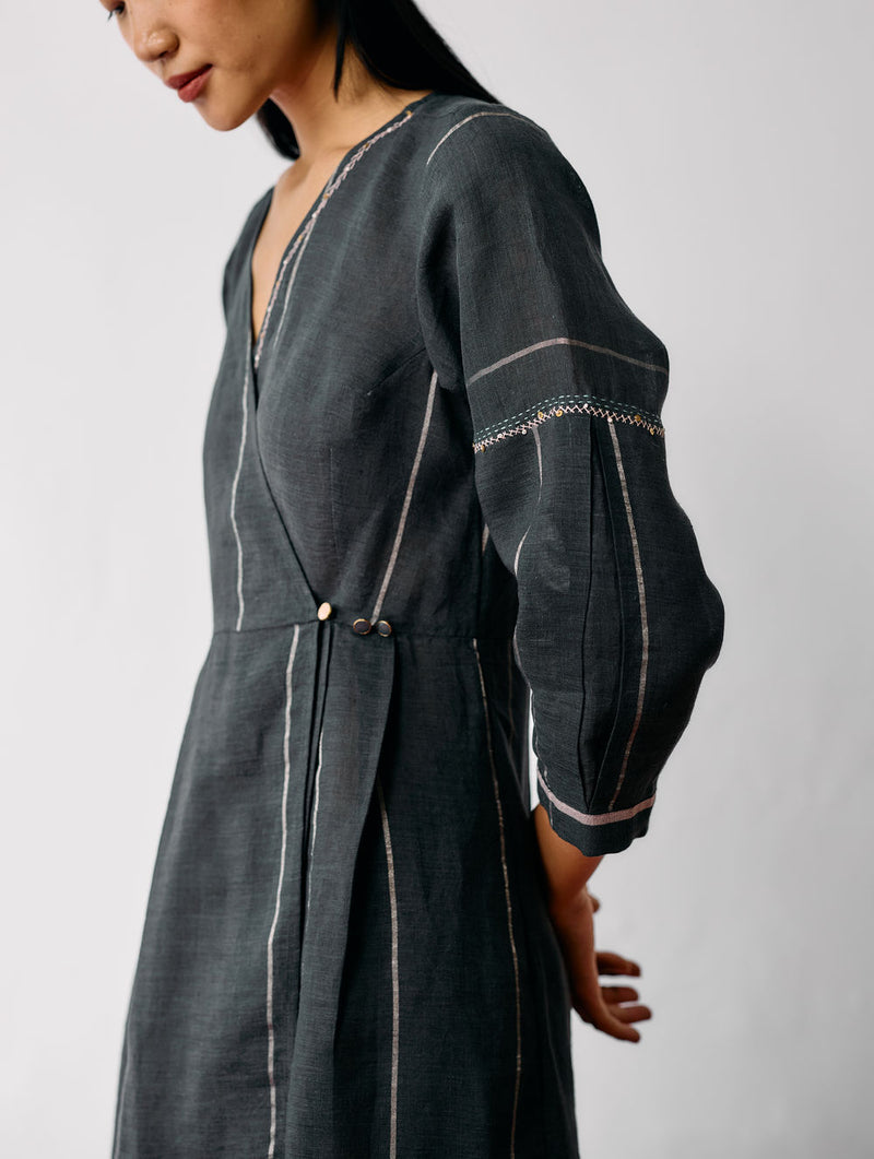 Raya Metallic Linen Wrap dress-Charcoal linen dress by Manan in black for women Worldwide