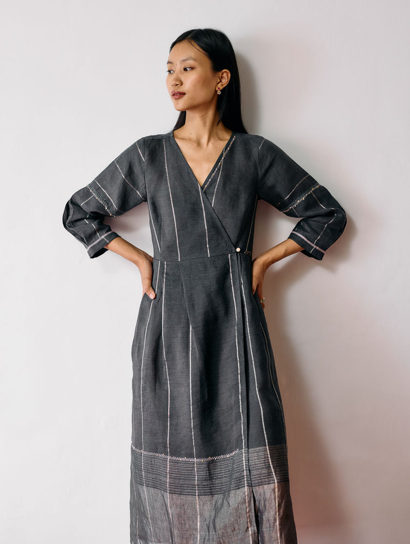 Raya Metallic Linen Wrap dress-Charcoal linen dress by Manan in black for women Worldwide