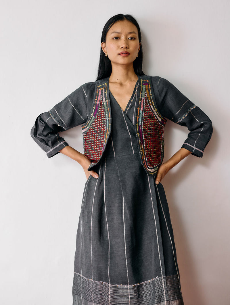 Raya Metallic Linen Wrap Dress with Jacket-Charcoal linen co-ord set by Manan in black for women Worldwide