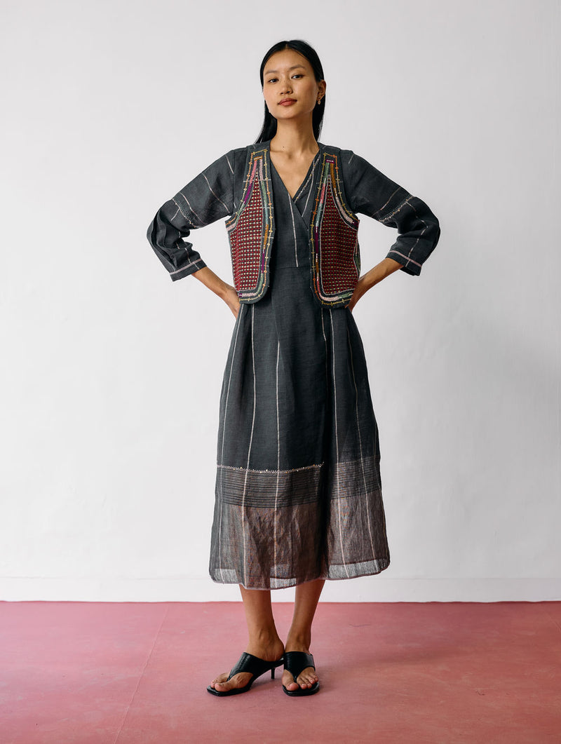 Raya Metallic Linen Wrap Dress with Jacket-Charcoal linen co-ord set by Manan in black for women Worldwide