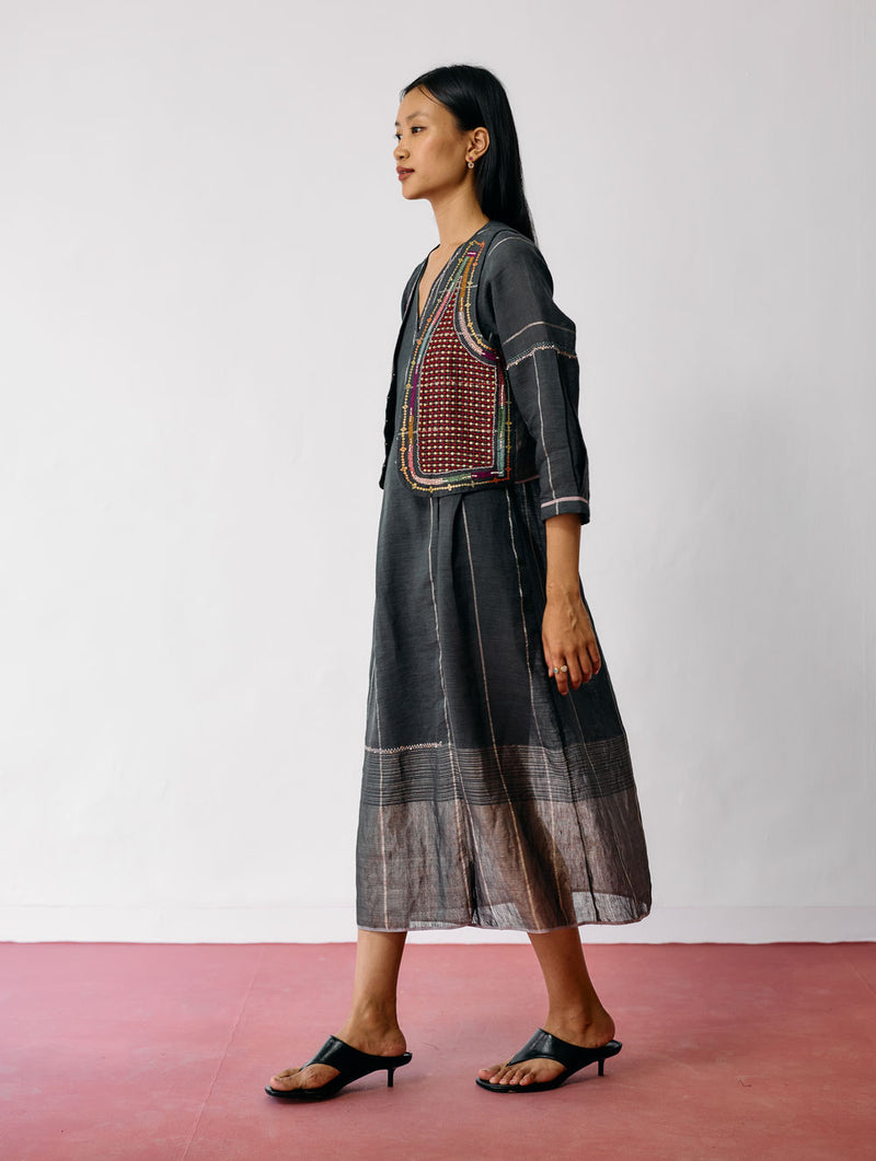 Raya Metallic Linen Wrap Dress with Jacket-Charcoal linen co-ord set by Manan in black for women Worldwide