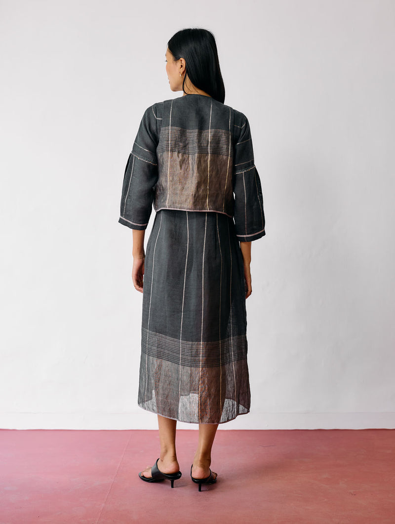 Raya Metallic Linen Wrap Dress with Jacket-Charcoal linen co-ord set by Manan in black for women Worldwide