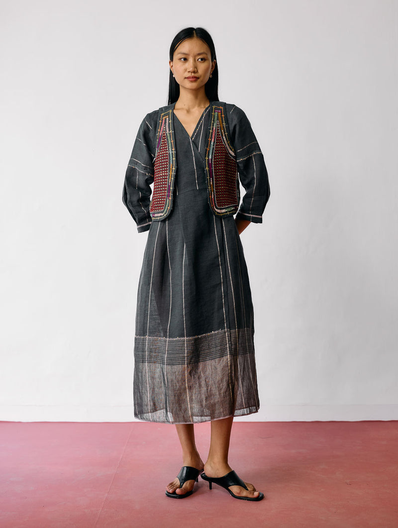 Raya Metallic Linen Wrap Dress with Jacket-Charcoal linen co-ord set by Manan in black for women Worldwide