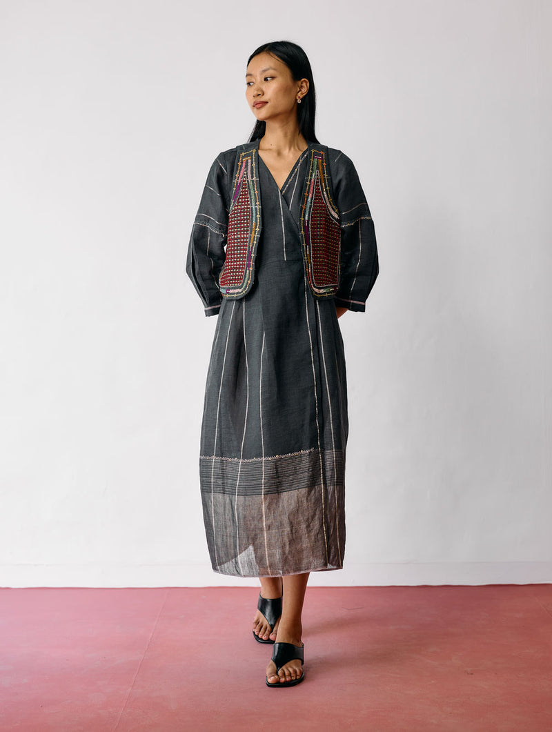 Raya Metallic Linen Wrap Dress with Jacket-Charcoal linen co-ord set by Manan in black for women Worldwide