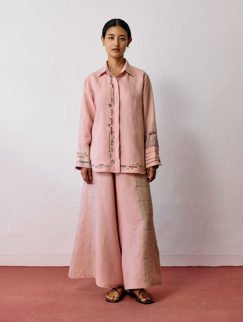 Hanat Hand-Embroidered Bird Co-ord-Pink linen co-ord set by Manan in pink for women Worldwide