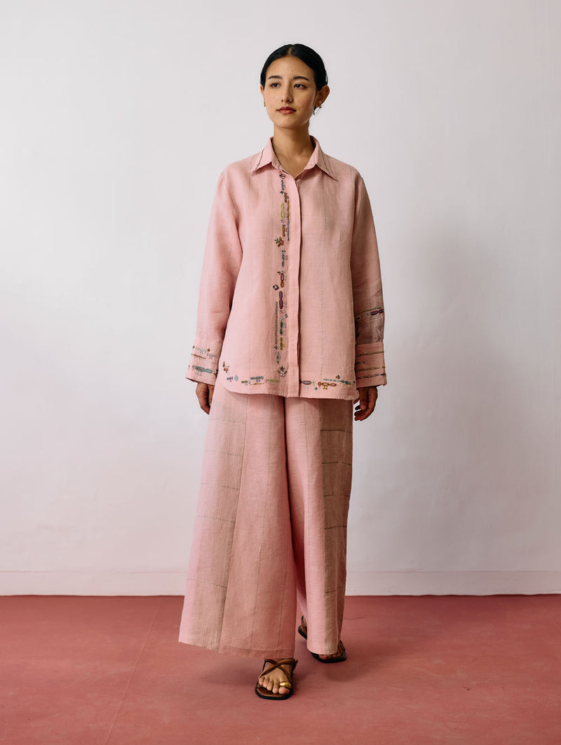 Hanat Hand-Embroidered Bird Co-ord-Pink linen co-ord set by Manan in pink for women Worldwide