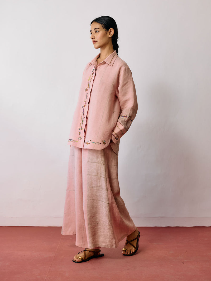 Hanat Hand-Embroidered Bird Co-ord-Pink linen co-ord set by Manan in pink for women Worldwide