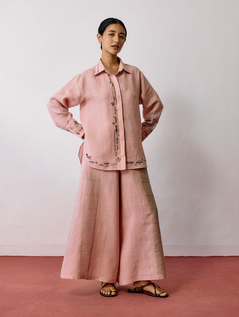 Hanat Hand-Embroidered Bird Co-ord-Pink linen co-ord set by Manan in pink for women Worldwide