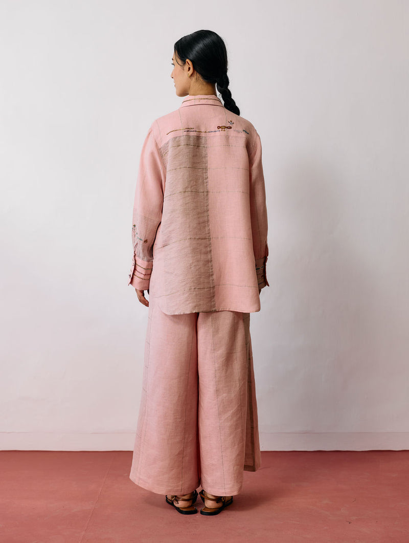 Hanat Hand-Embroidered Bird Co-ord-Pink linen co-ord set by Manan in pink for women Worldwide