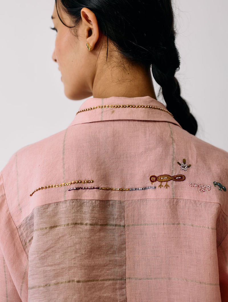 Hanat Hand-Embroidered Bird Co-ord-Pink linen co-ord set by Manan in pink for women Worldwide