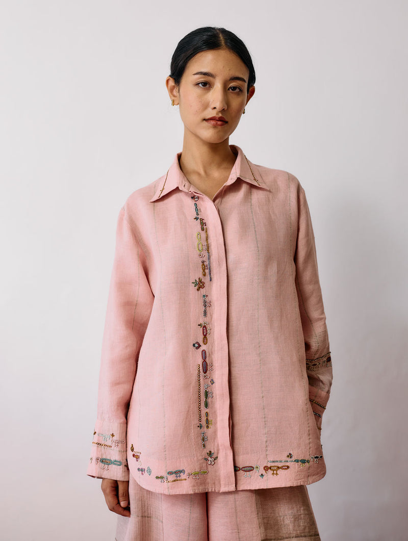 Hanat Hand-Embroidered Bird Co-ord-Pink linen co-ord set by Manan in pink for women Worldwide
