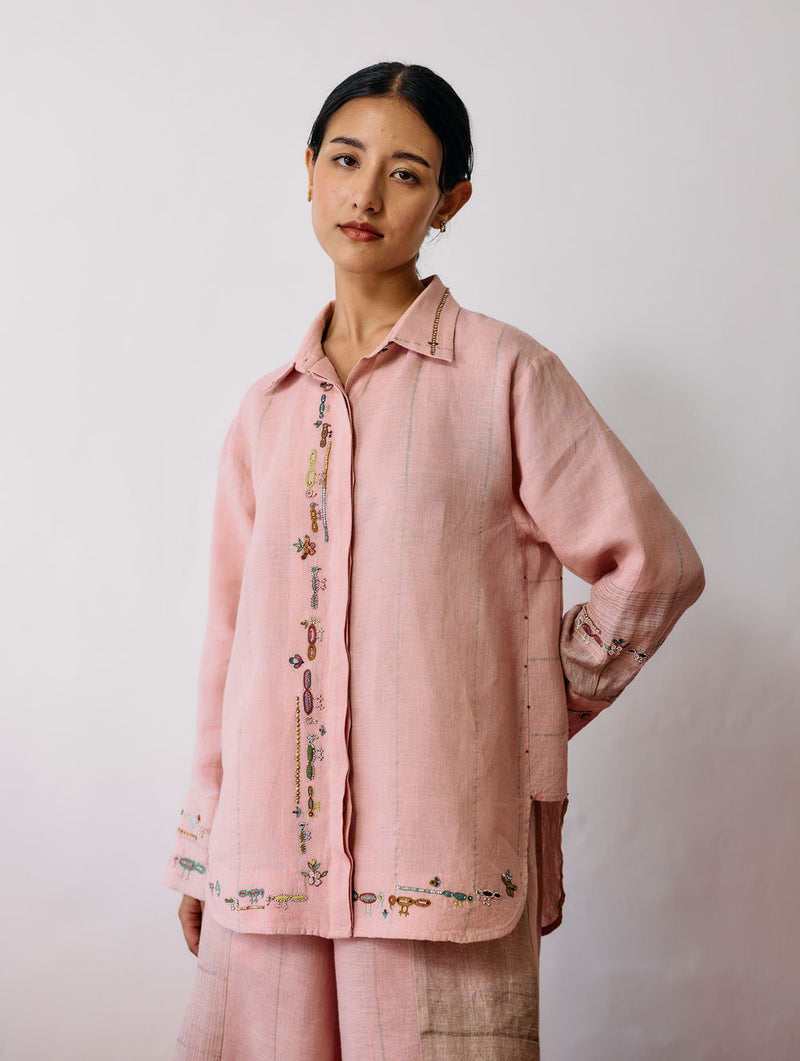 Hanat Hand-Embroidered Bird Co-ord-Pink linen co-ord set by Manan in pink for women Worldwide