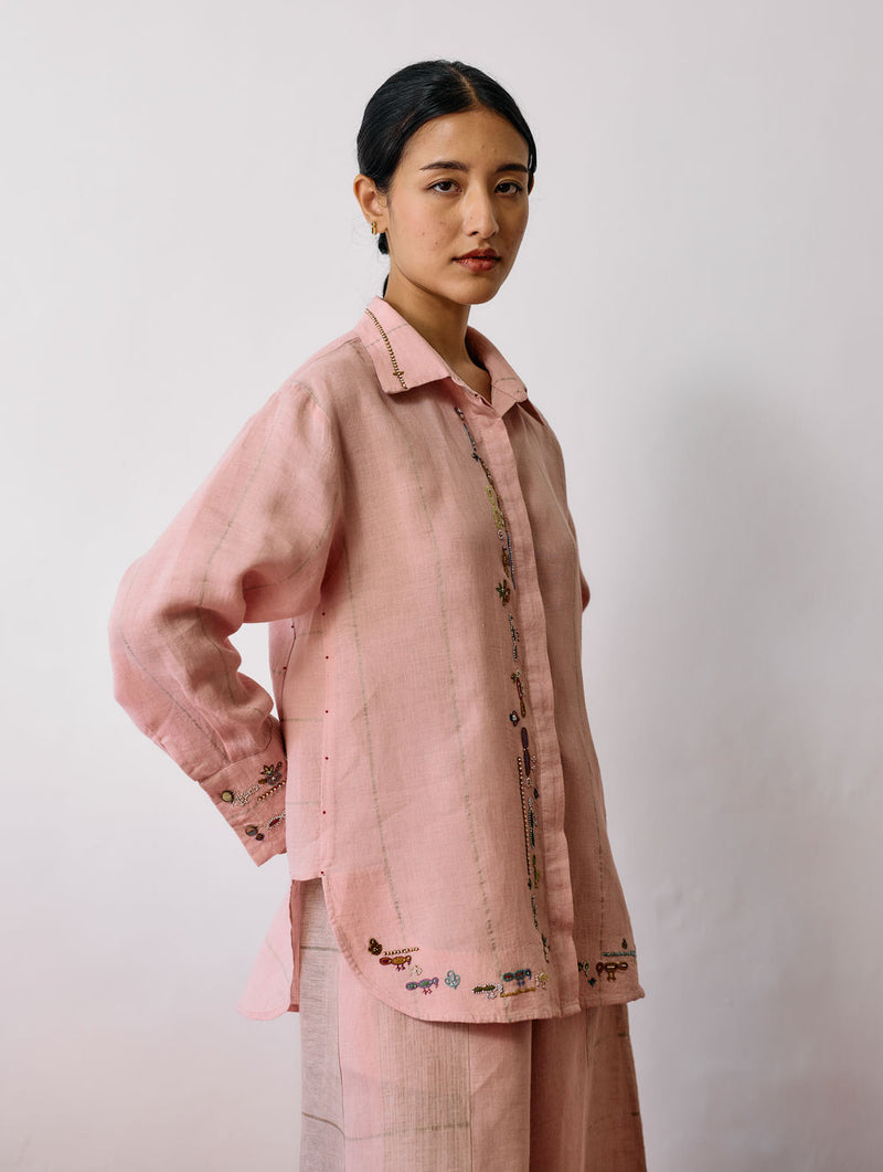 Hanat Hand-Embroidered Bird Co-ord-Pink linen co-ord set by Manan in pink for women Worldwide