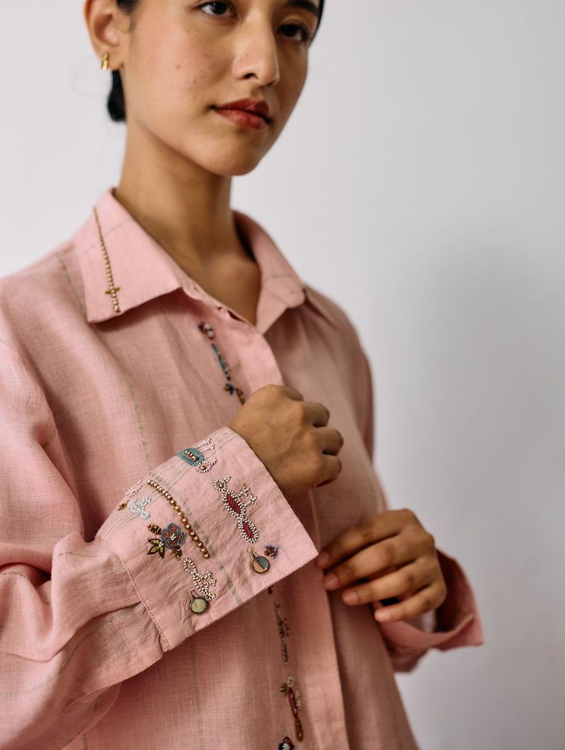 Hanat Hand-Embroidered Bird Co-ord-Pink linen co-ord set by Manan in pink for women Worldwide