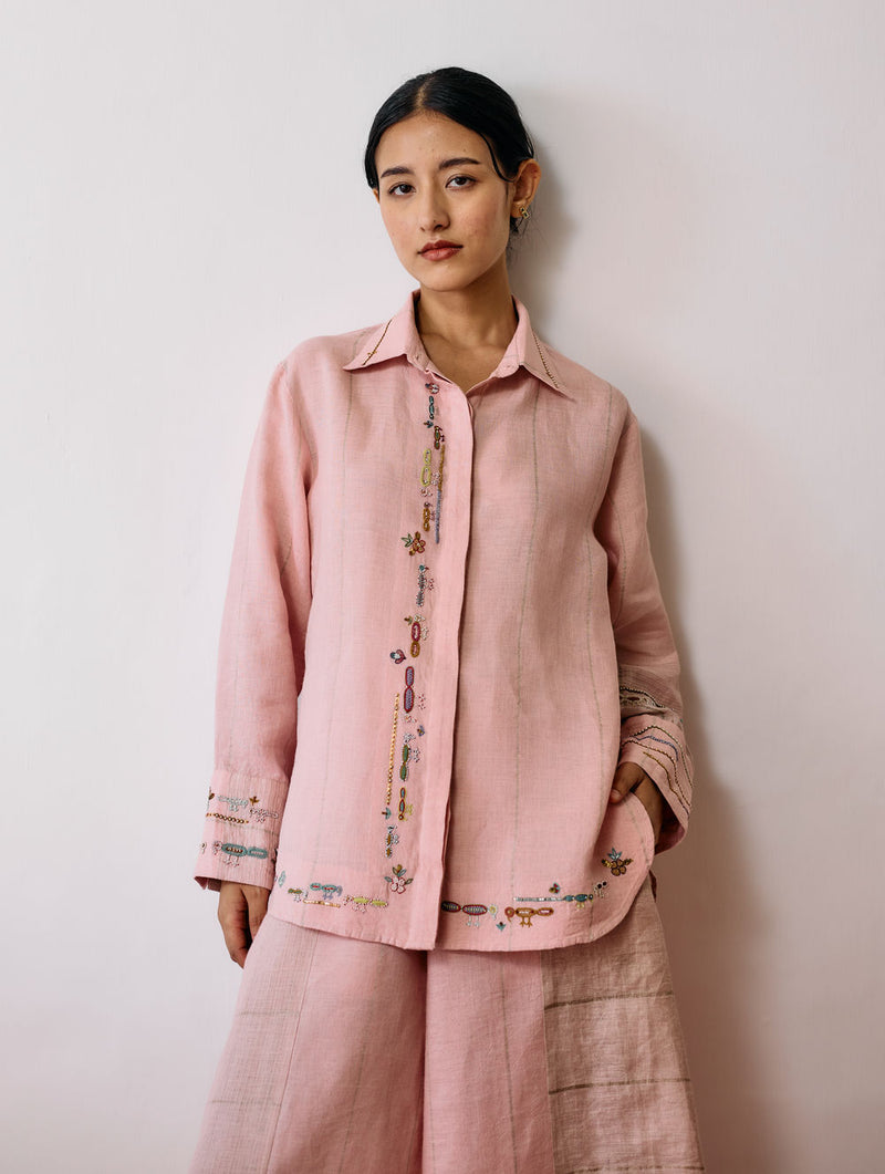 Hanat Hand-Embroidered Bird Shirt-Pink linen top/shirt by Manan in pink for women Worldwide