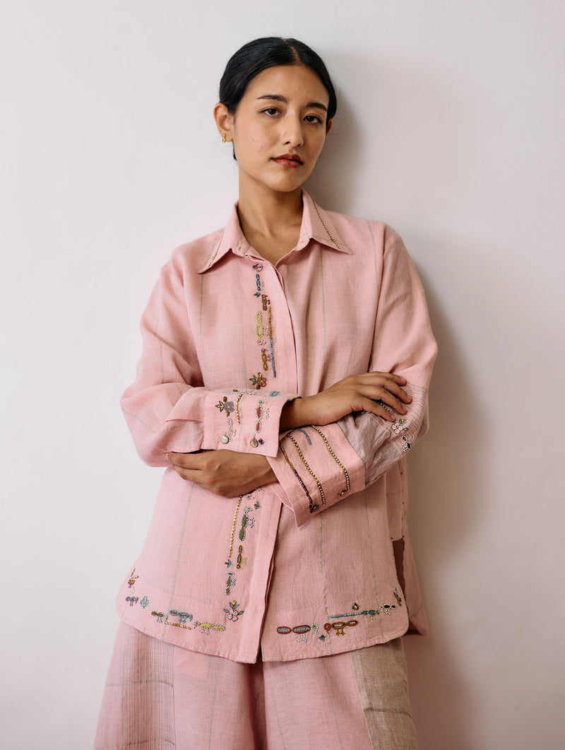 Hanat Hand-Embroidered Bird Co-ord-Pink linen co-ord set by Manan in pink for women Worldwide