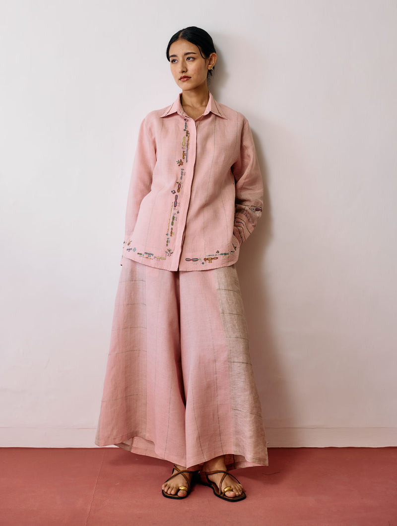Hanat Hand-Embroidered Bird Co-ord-Pink linen co-ord set by Manan in pink for women Worldwide