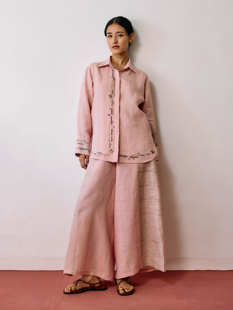 Hanat Hand-Embroidered Bird Co-ord-Pink linen co-ord set by Manan in pink for women Worldwide
