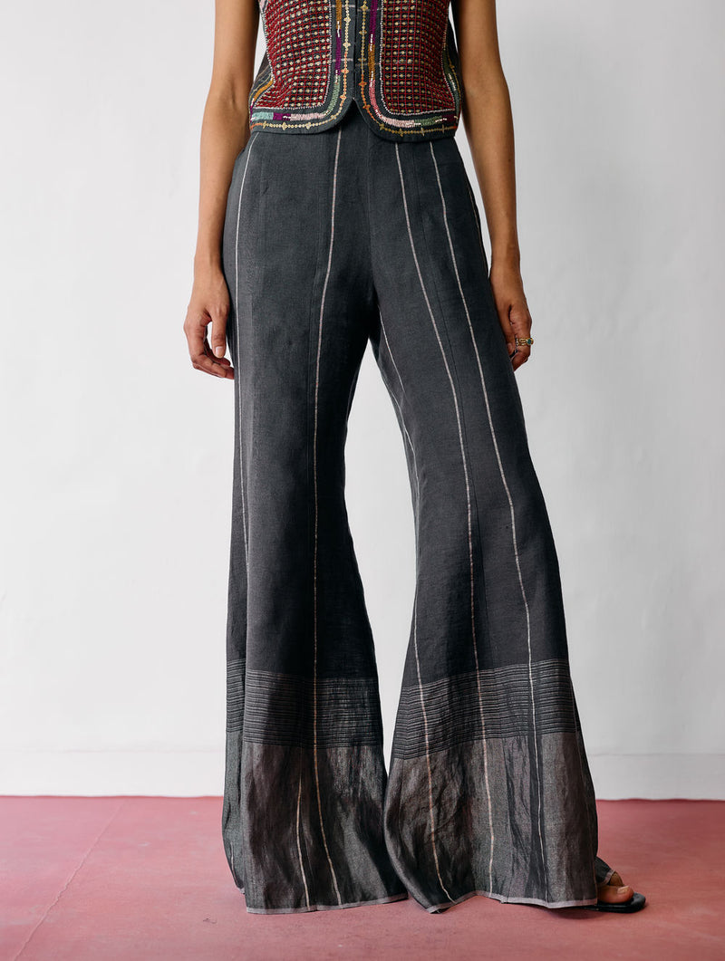 Kaya Hand-Embroidered Co-ord-Charcoal linen co-ord set by Manan in black for women Worldwide
