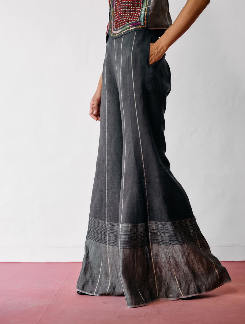 Tala Metallic Linen Sharara Pants-Charcoal linen pant/trousers by Manan in black for women Worldwide
