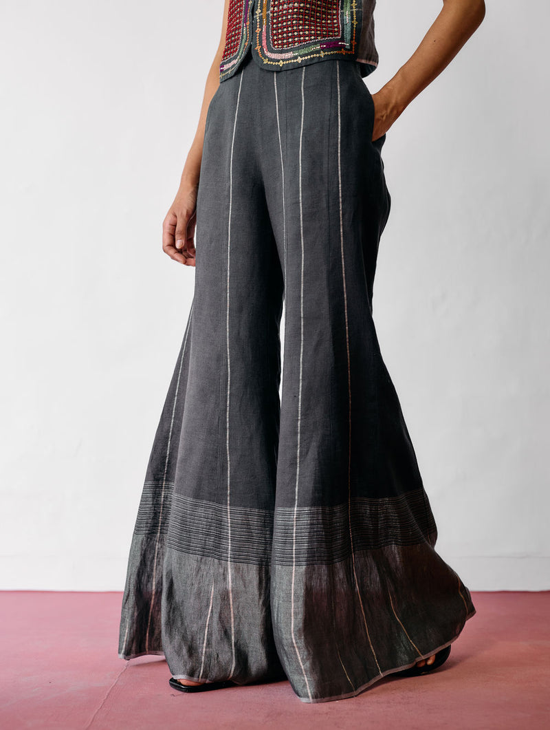 Tala Metallic Linen Sharara Pants-Charcoal linen pant/trousers by Manan in black for women Worldwide