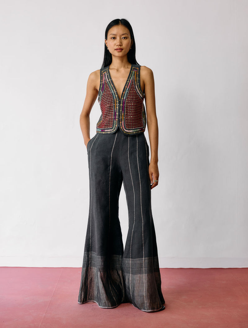 Kaya Hand-Embroidered Co-ord-Charcoal linen co-ord set by Manan in black for women Worldwide