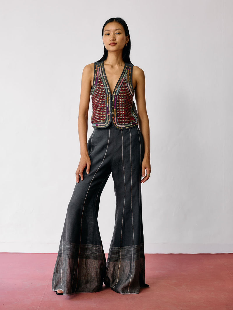 Kaya Hand-Embroidered Co-ord-Charcoal linen co-ord set by Manan in black for women Worldwide