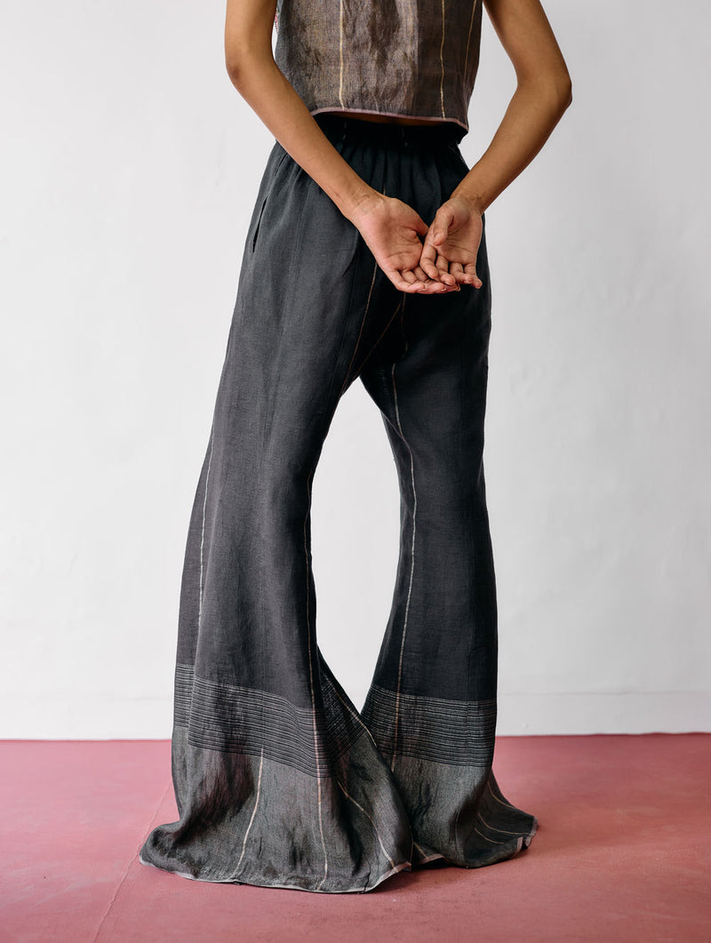 Tala Metallic Linen Sharara Pants-Charcoal linen pant/trousers by Manan in black for women Worldwide