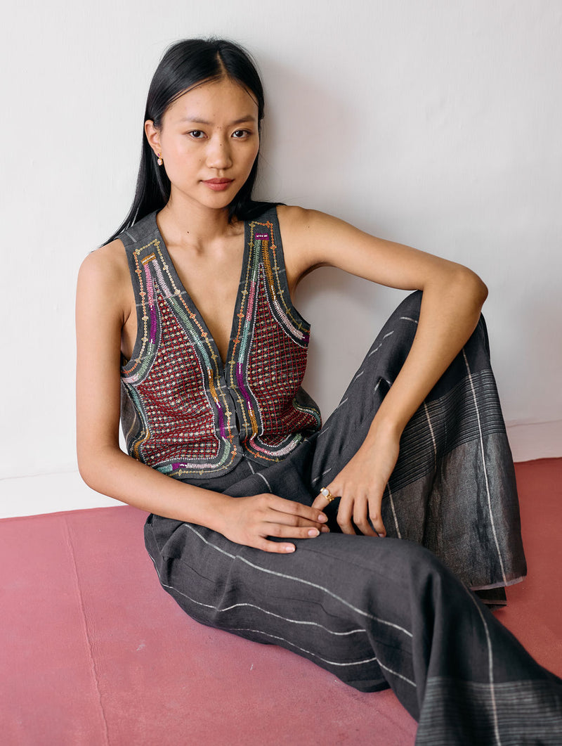 Kaya Hand-Embroidered Vest-Charcoal linen jacket/overlay by Manan in black for women Worldwide