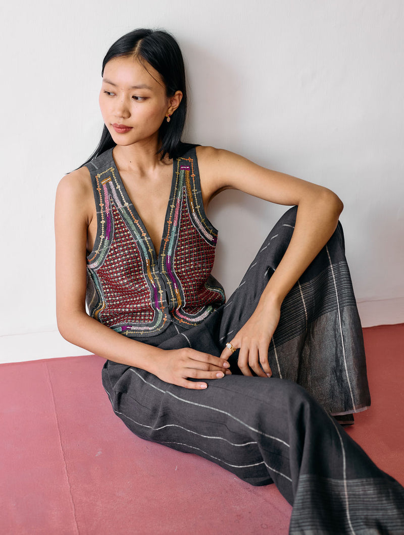 Kaya Hand-Embroidered Vest-Charcoal linen jacket/overlay by Manan in black for women Worldwide