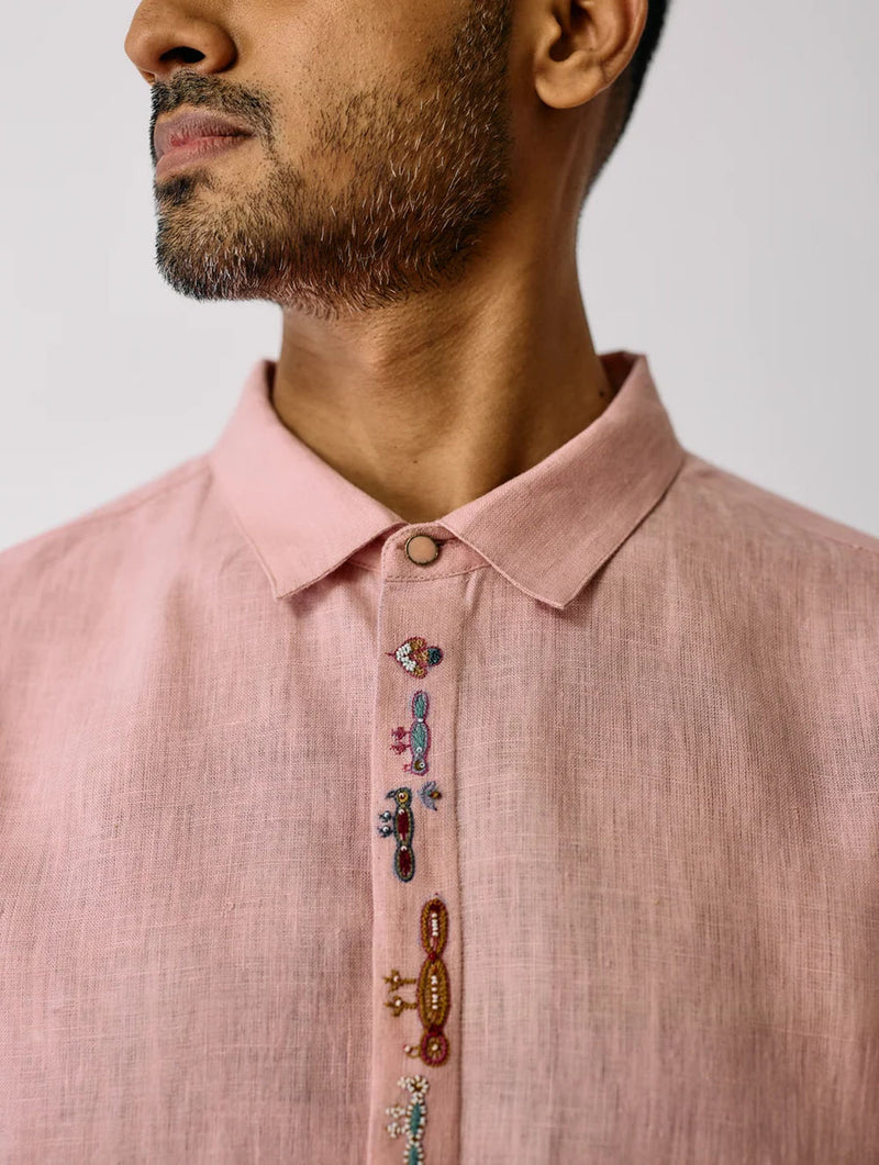 Ved Hand-Embroidered Bird Shirt-Pink linen shirt by Manan Men in pink for men Worldwide
