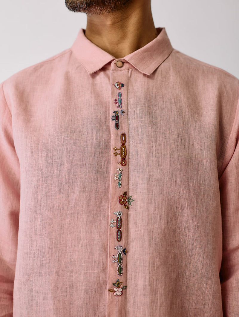 Ved Hand-Embroidered Bird Shirt-Pink linen shirt by Manan Men in pink for men Worldwide