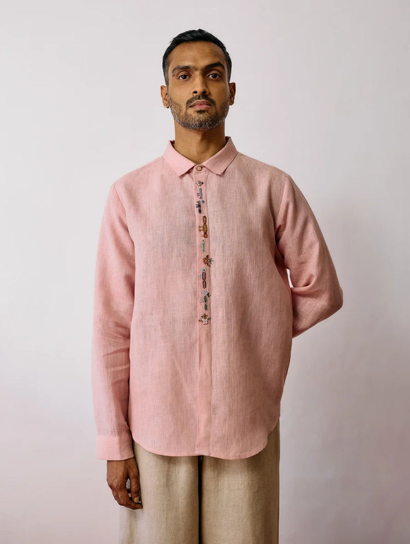 Ved Hand-Embroidered Bird Shirt-Pink linen shirt by Manan Men in pink for men Worldwide