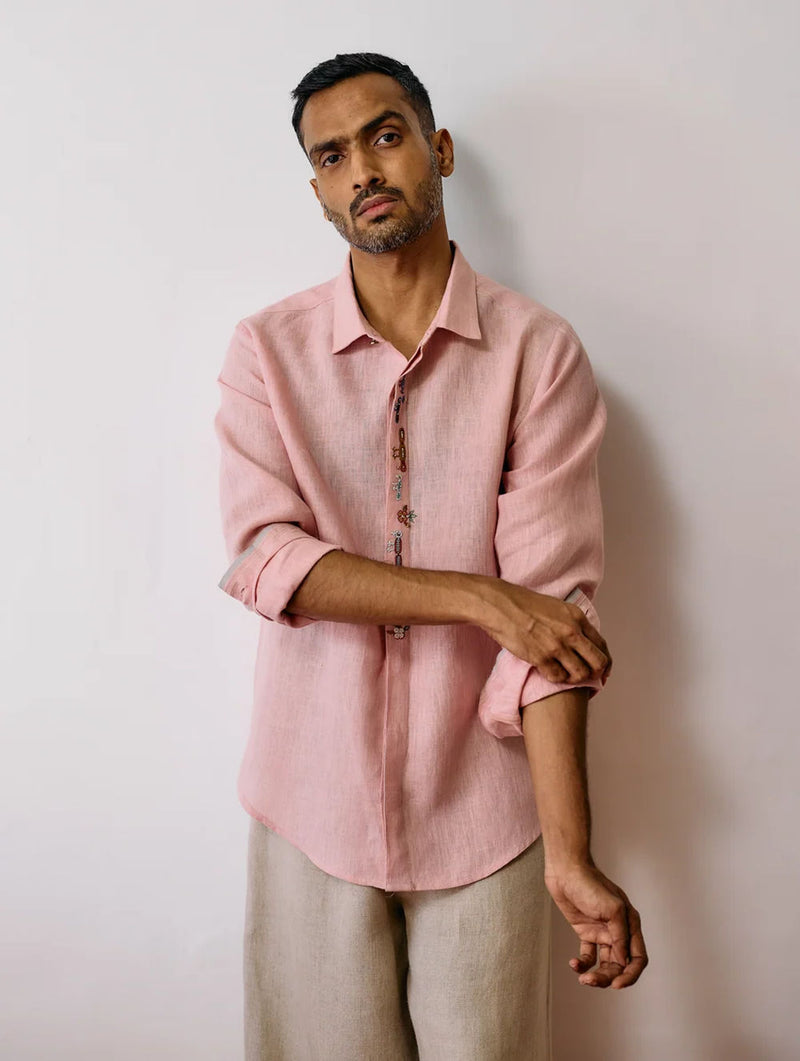 Ved Hand-Embroidered Bird Shirt-Pink linen shirt by Manan Men in pink for men Worldwide