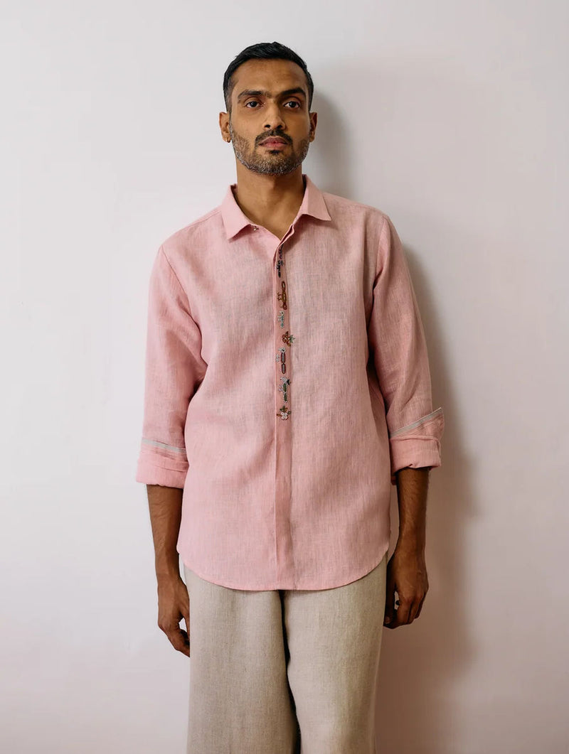 Ved Hand-Embroidered Bird Shirt-Pink linen shirt by Manan Men in pink for men Worldwide