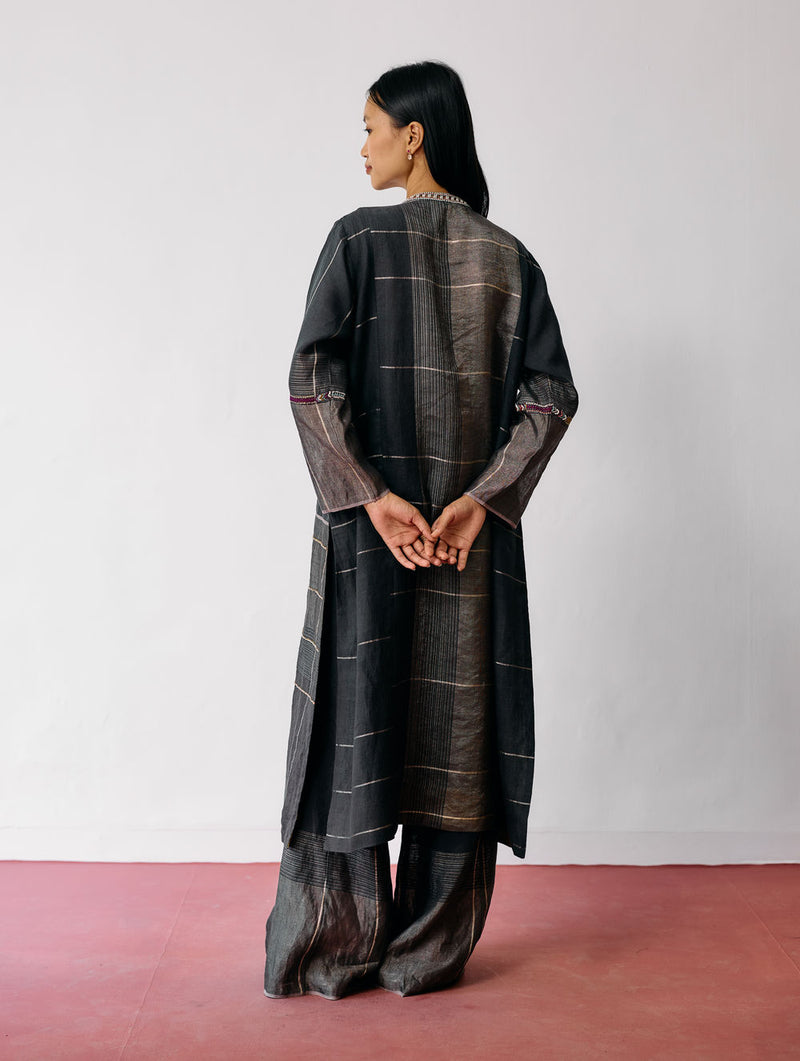 Aicha Hand-Embroidered Panelled Kurta Set-Charcoal linen kurta/kurta set by Manan in black for women Worldwide