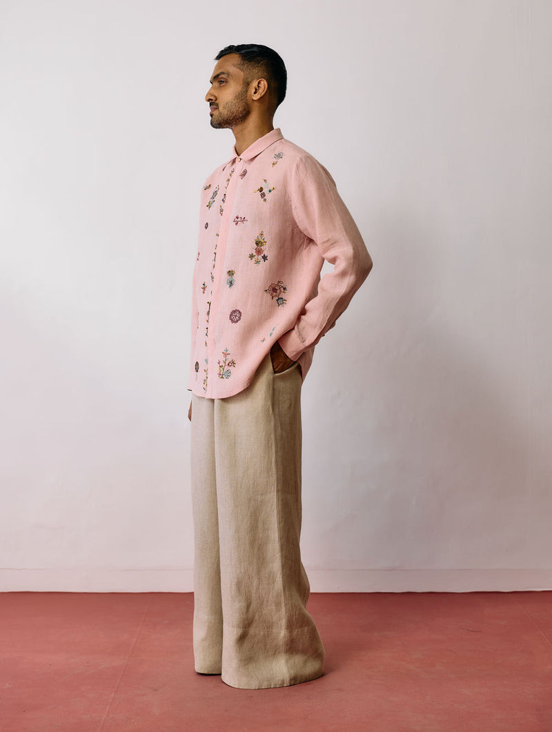 Zai Floral Hand-Embroidered Shirt-Pink linen shirt by Manan Men in pink for men Worldwide