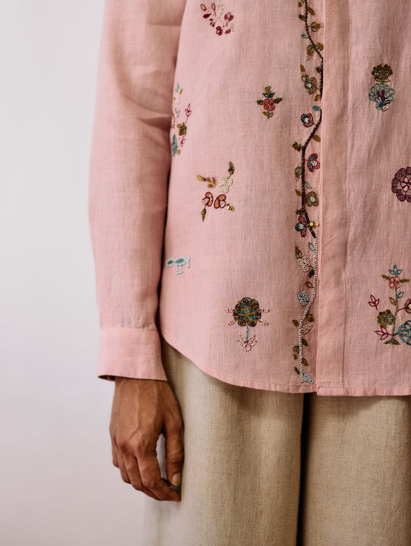 Zai Floral Hand-Embroidered Shirt-Pink linen shirt by Manan Men in pink for men Worldwide