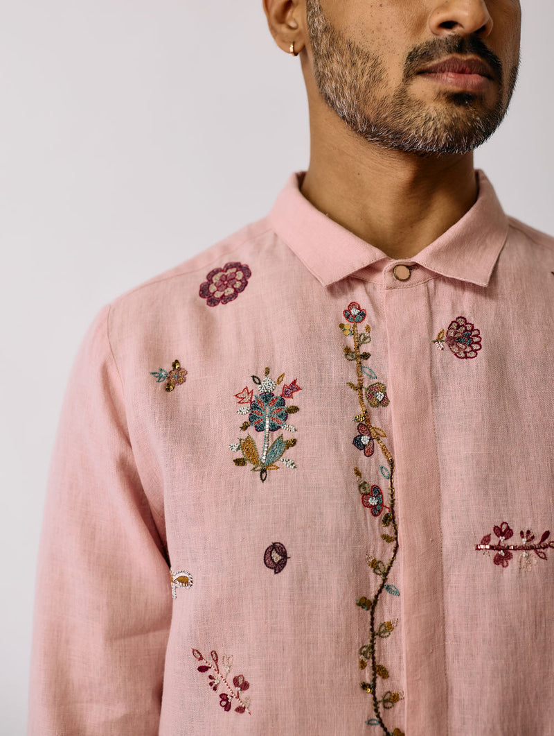 Zai Floral Hand-Embroidered Shirt-Pink linen shirt by Manan Men in pink for men Worldwide