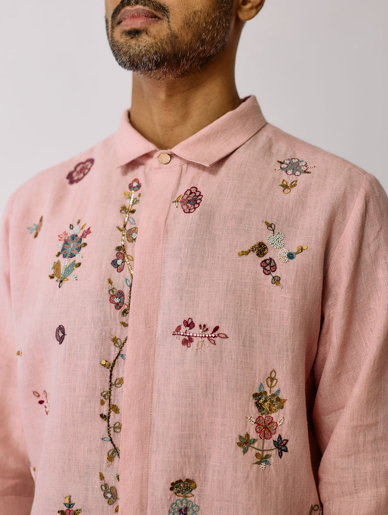 Zai Floral Hand-Embroidered Shirt-Pink linen shirt by Manan Men in pink for men Worldwide