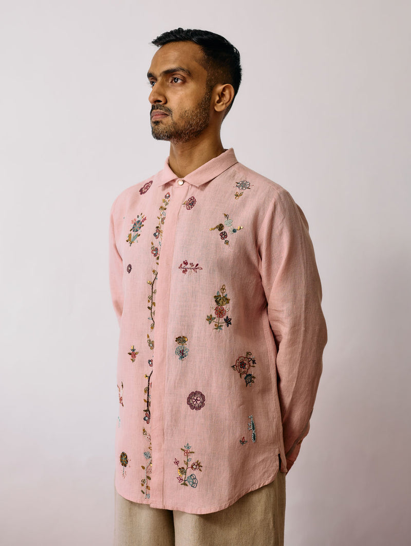Zai Floral Hand-Embroidered Shirt-Pink linen shirt by Manan Men in pink for men Worldwide